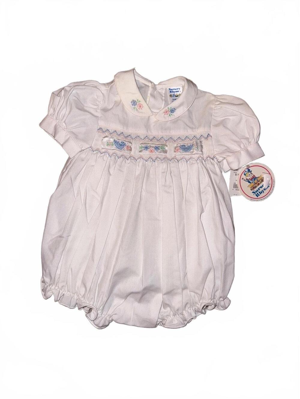 Vintage Nursery Rhyme Smocked Bird Floral Bubble Romper White 9 Months With Tags